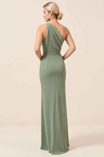 Matcha One Shoulder Chiffon Ruched Long Bridesmaid Dress with Slit
